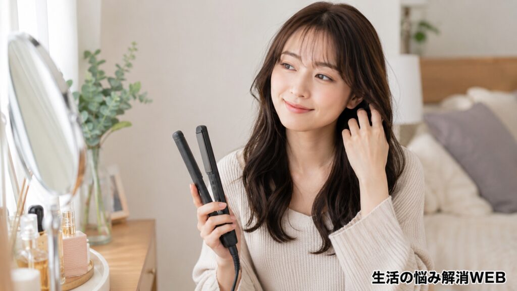 ヘアアイロンが使える状態になり、身だしなみを整えながら安心した表情を見せる若い女性