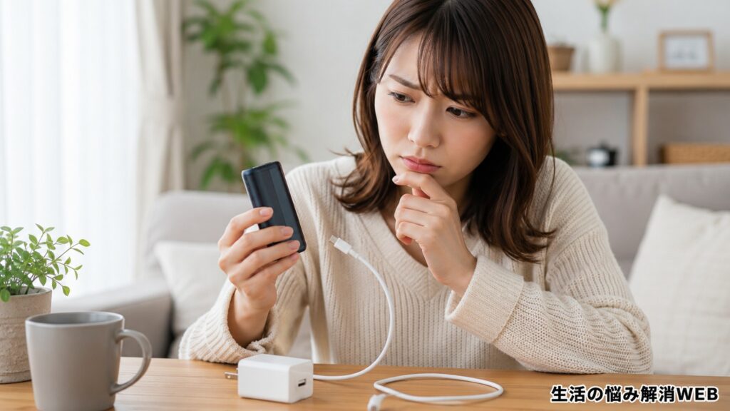 加熱式タバコ本体と充電ケーブルを見比べながら、充電できない原因を確認している女性