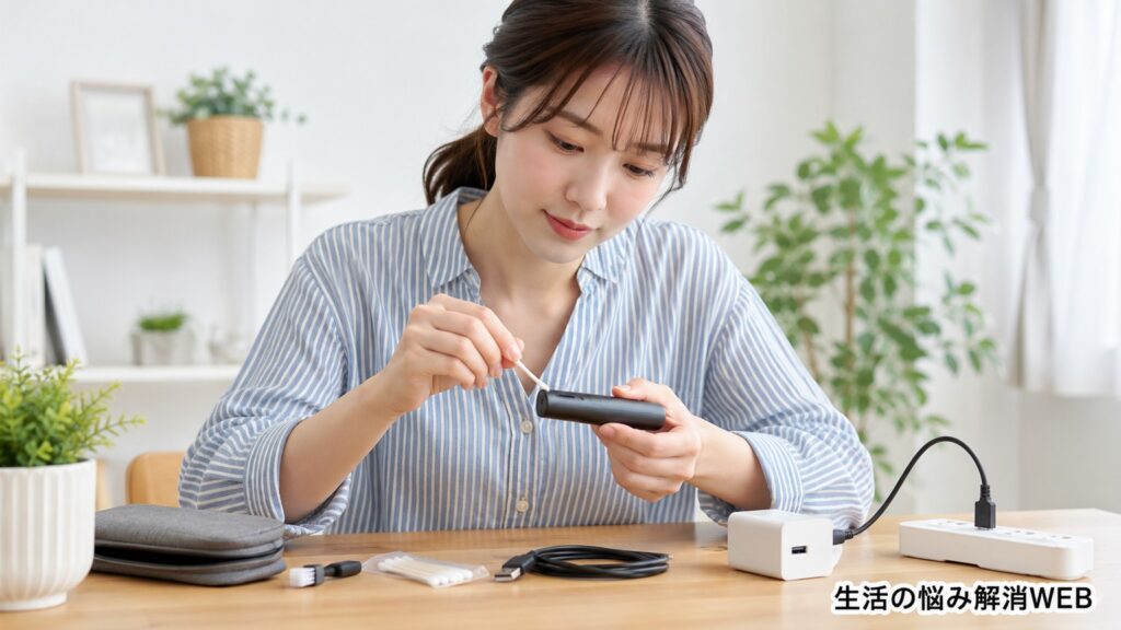 加熱式タバコの充電端子を綿棒でやさしく掃除し、充電不良の対策をしている女性