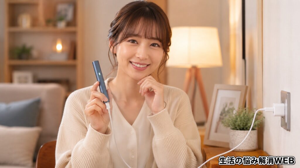 充電ができるようになった加熱式タバコを手にして、安心した表情を見せる女性