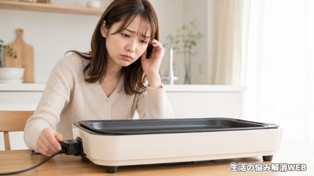 ホットプレートが温まらず困った表情で接続部を確認する女性