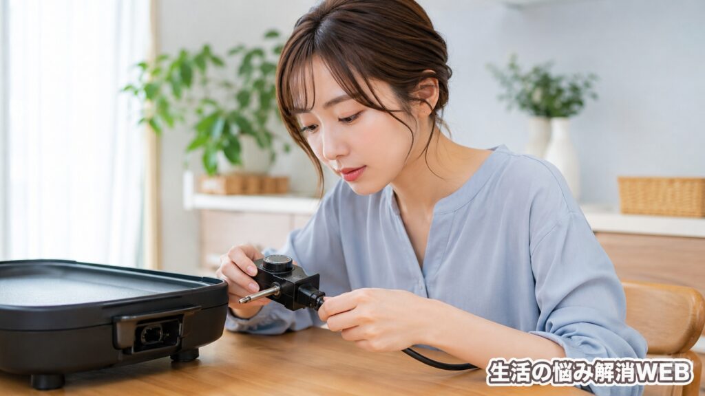 ホットプレートの温度調節器と電源コードを確認する女性