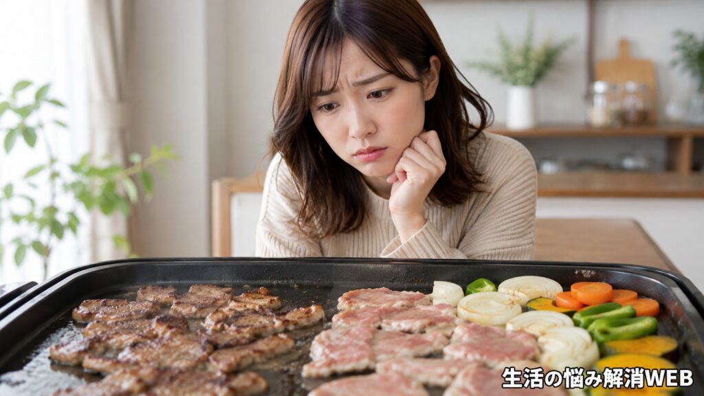 ホットプレートで肉や野菜の焼け方にムラが出て困っている女性
