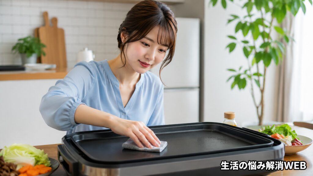 ホットプレートのプレート表面を布で丁寧に掃除する女性