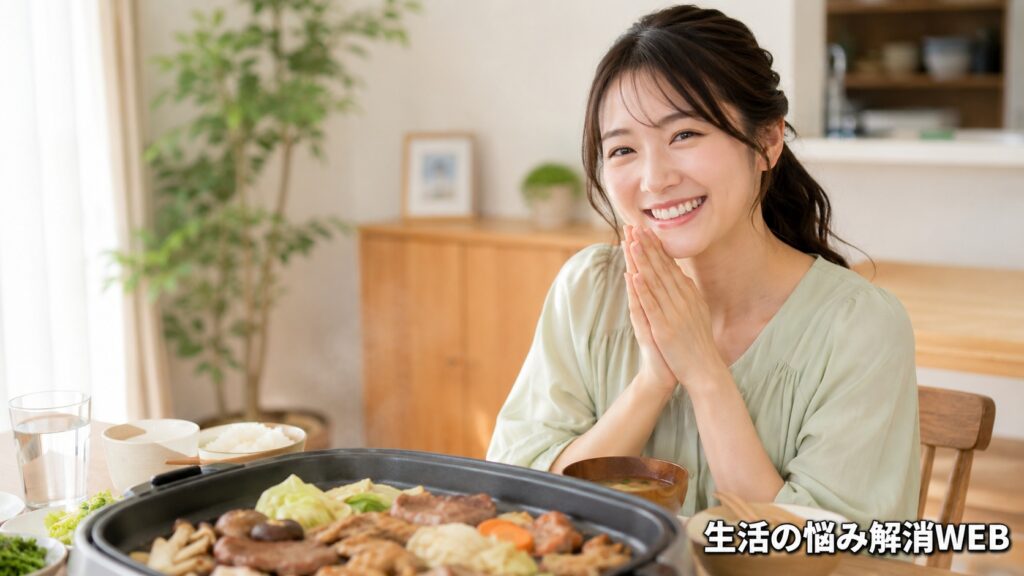 ホットプレート料理を前に笑顔で食卓に座る女性