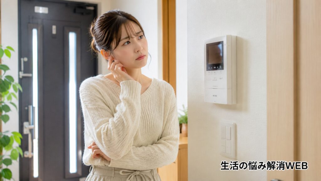 インターホンが鳴らず、玄関近くのモニター親機を見ながら原因を考えている女性