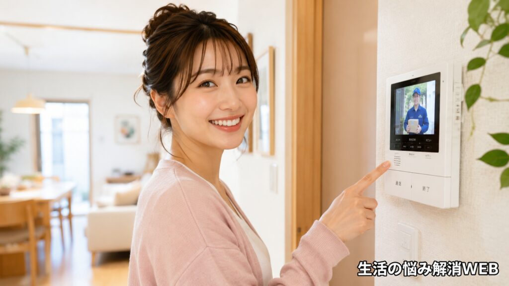 インターホンのモニターに来客映像が映り、安心した笑顔で応対している女性