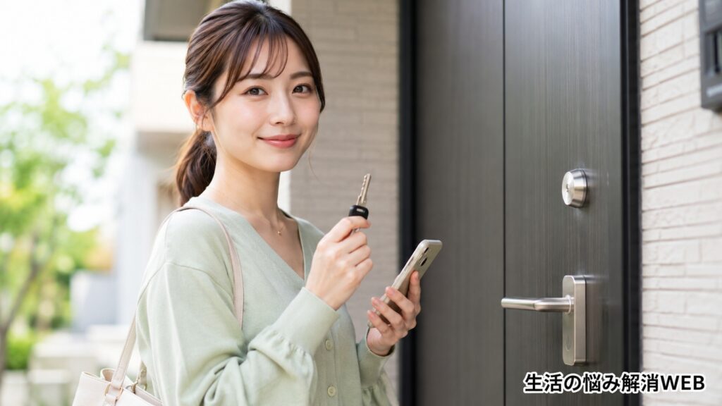 玄関前で鍵とスマートフォンを持ち、落ち着いて対処方法を確認する女性