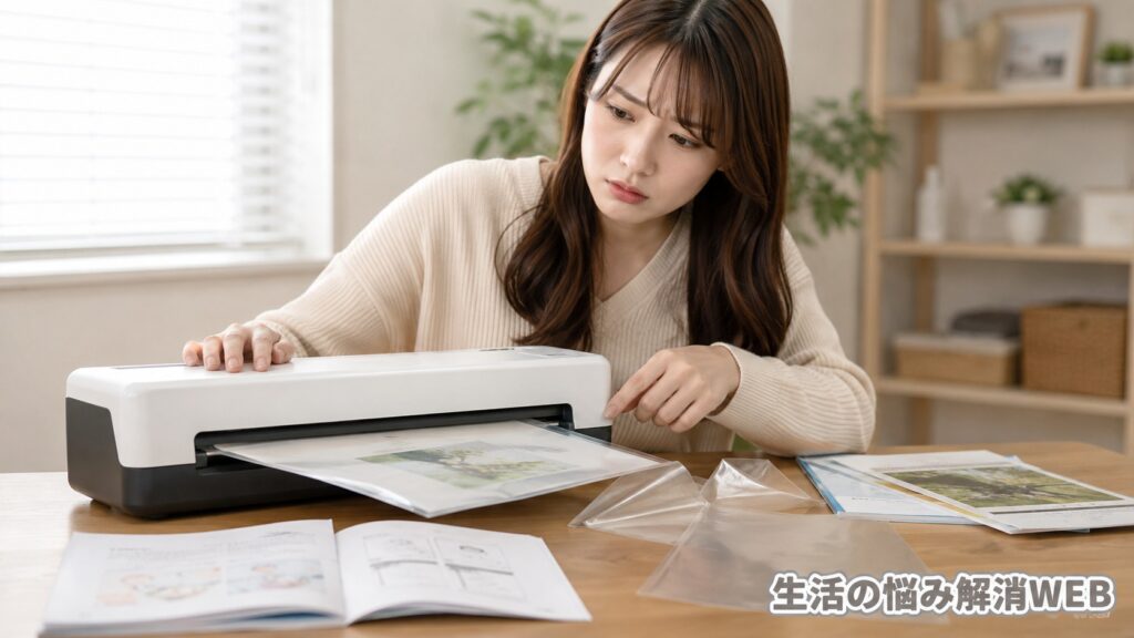 ラミネーターに斜めに入ったフィルムを確認するベージュの服を着た女性