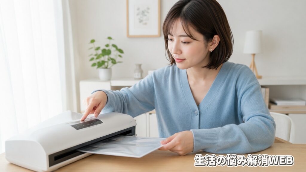 ラミネーターの操作ボタンを押しながら詰まったフィルムを取り出す女性