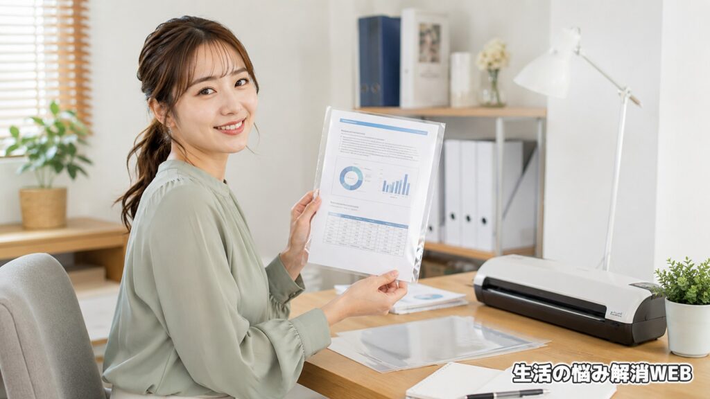 正常にラミネートできた書類を笑顔で確認する女性とラミネーター