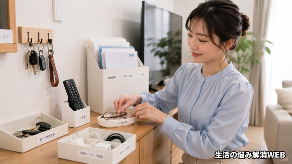 鍵やリモコン、メガネ、充電器などの定位置を決めて、ラベル付き収納で整理整頓する女性