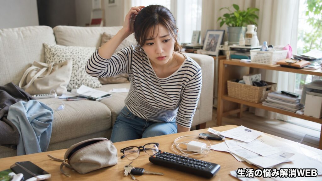 リビングのテーブルに鍵やメガネ、リモコン、書類などが散らかり、探し物が見つからず困った表情を見せる女性