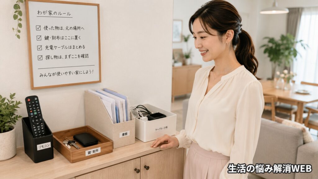 家族で使う物の定位置ルールを掲示し、鍵・財布・書類・ケーブル類を分かりやすく整理した収納スペースを確認する女性