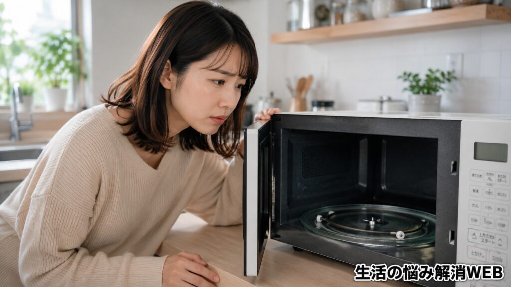 電子レンジのターンテーブルが回らない原因を確認するため、庫内の丸皿やローラーリングを覗き込む女性