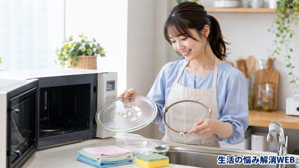 電子レンジのターンテーブル対策として、丸皿とローラーリングを取り外して掃除する女性