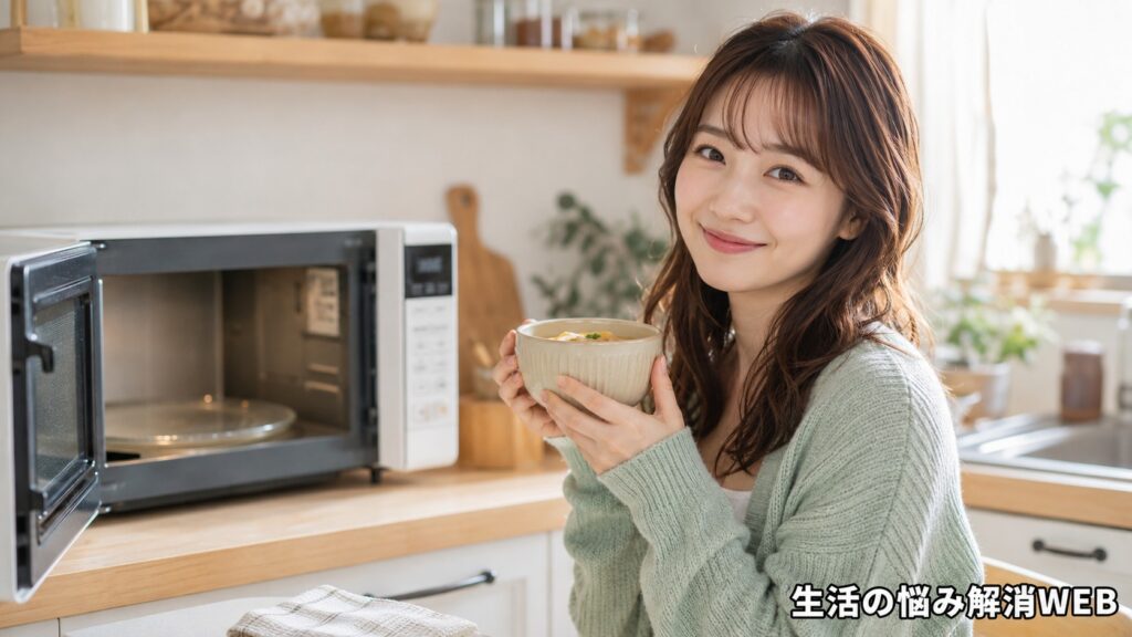 ターンテーブルの確認後、電子レンジで温めた料理を手にして安心した表情を見せる女性