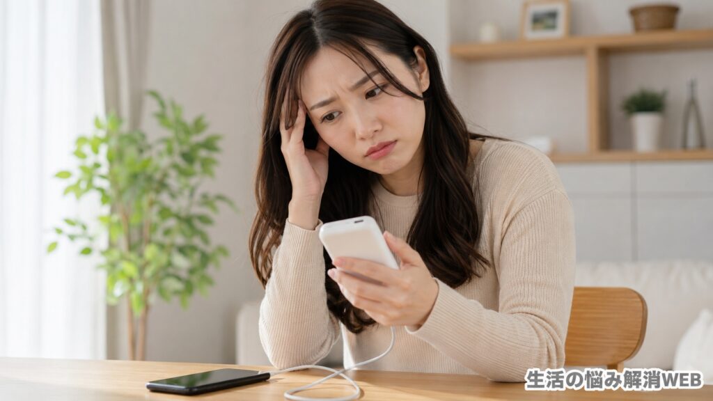モバイルバッテリーを手に持ち、充電できず困った表情で確認している女性