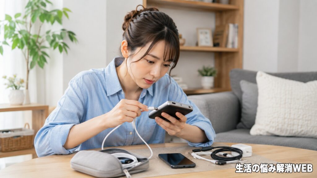 モバイルバッテリー本体と充電ケーブルを机の上で確認しながら接続状態をチェックしている女性