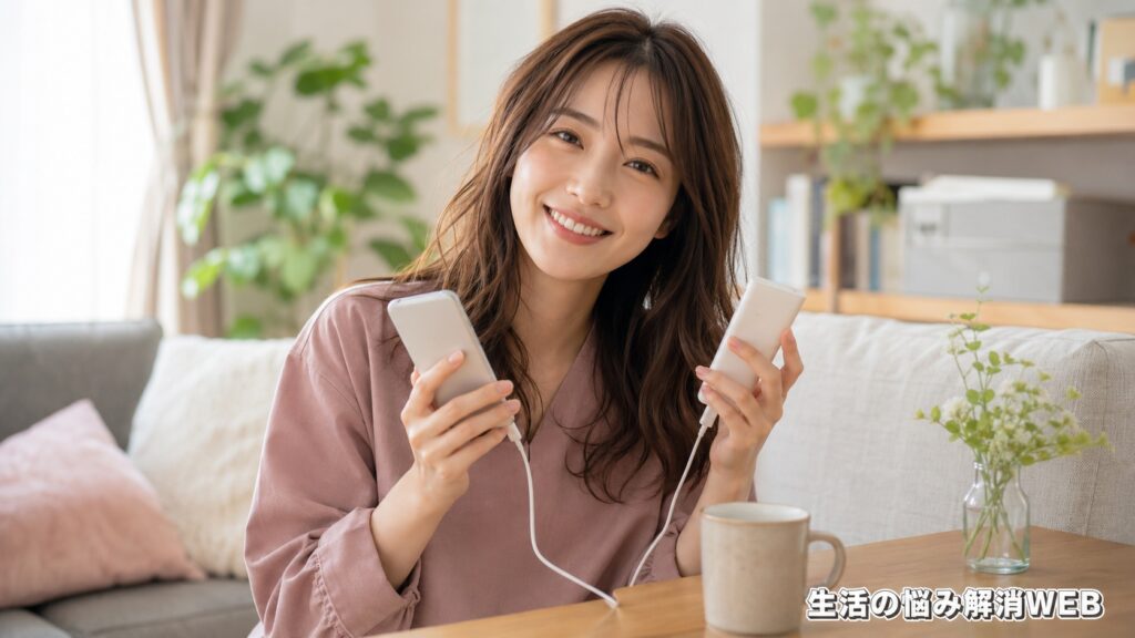 スマホとモバイルバッテリーを接続し、充電できて安心した笑顔を見せる女性