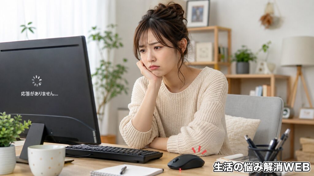 マウスとキーボードが反応せず、パソコン画面を見ながら困った表情を浮かべる女性