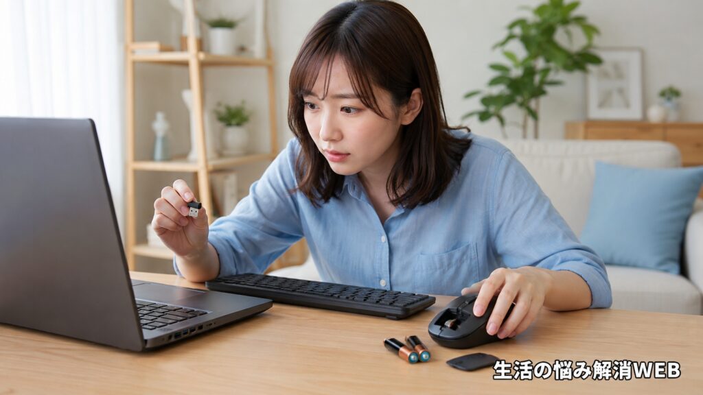 USBレシーバーや電池を確認しながら、マウスとキーボードの接続不良を点検している女性
