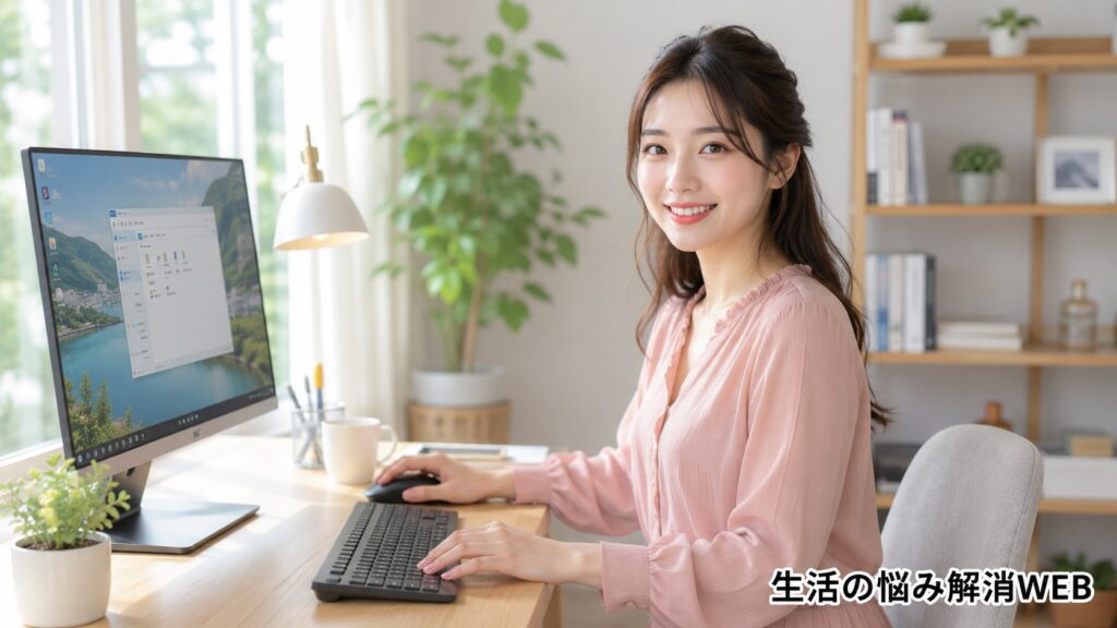 マウスとキーボードが正常に使えるようになり、デスクで笑顔を見せる女性