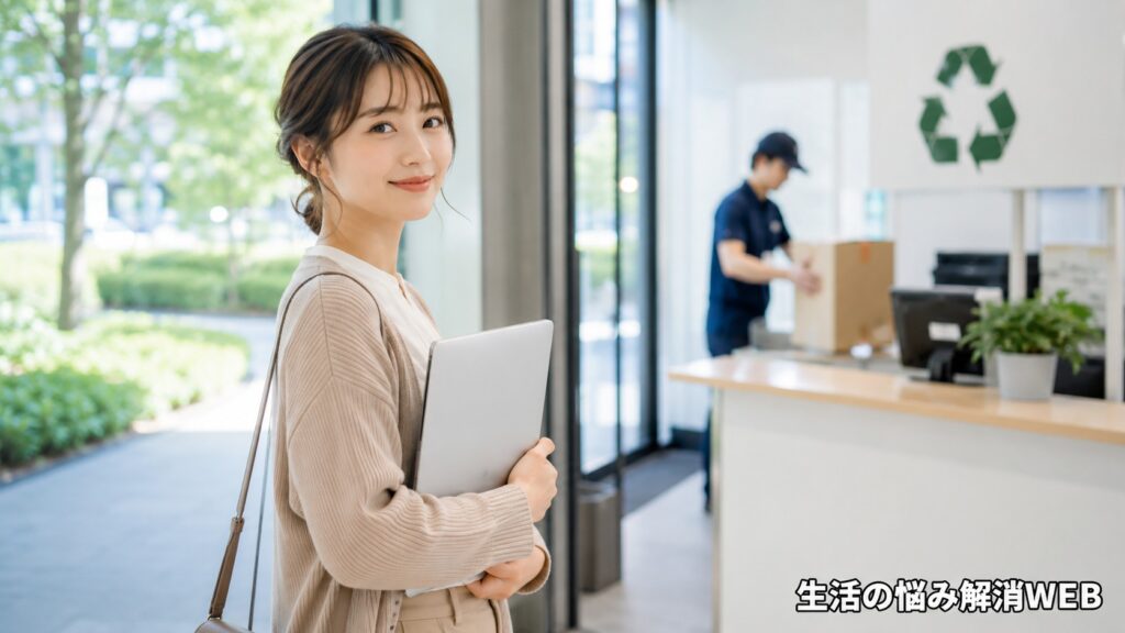 データ消去を終えたパソコンを持ち、回収・買取サービスの窓口前で安心した表情を見せる女性