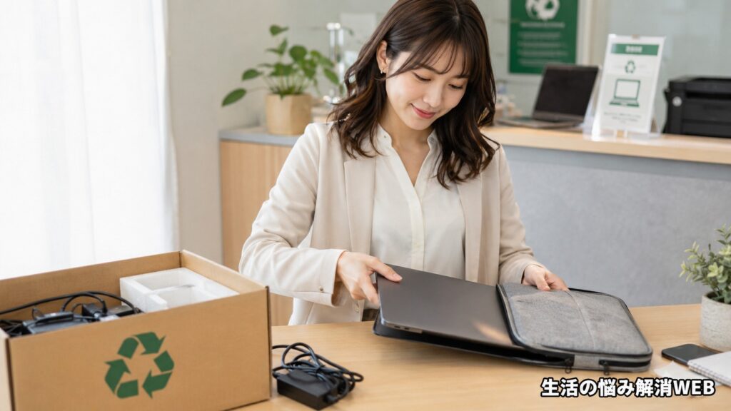 パソコンを安全に売却・処分するため、リサイクル箱や付属品と一緒にノートパソコンを準備する女性