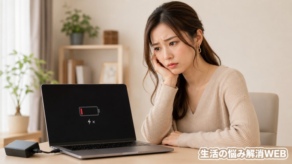 充電しても反応しないノートパソコンを前に、不安そうな表情で確認している女性