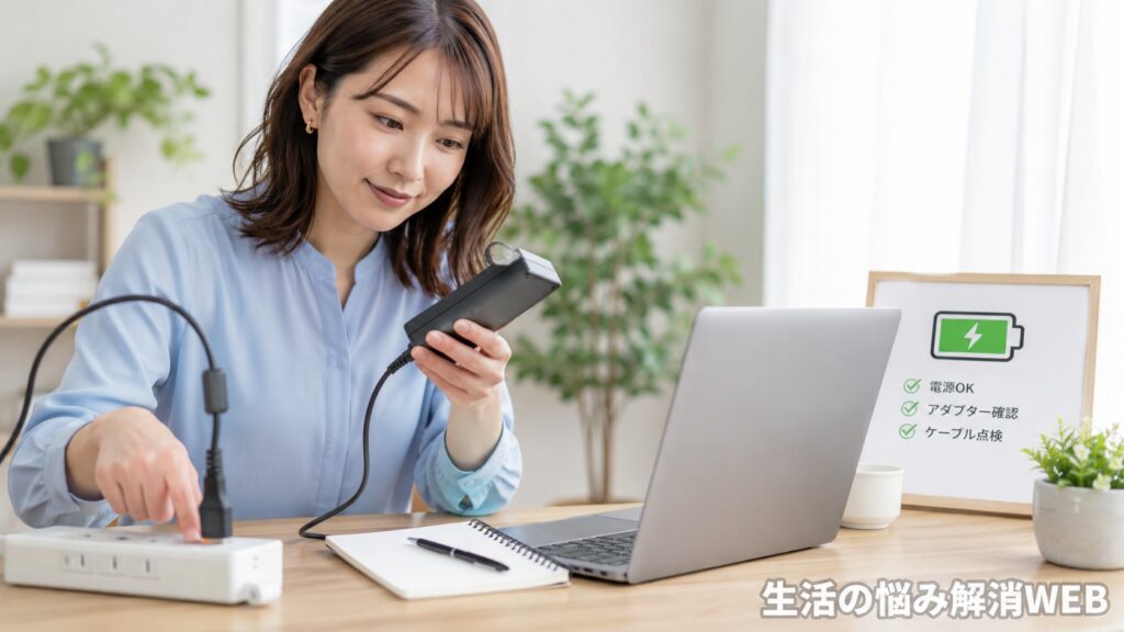 ノートパソコンの充電トラブルを解消するために、電源タップやACアダプターを確認している女性