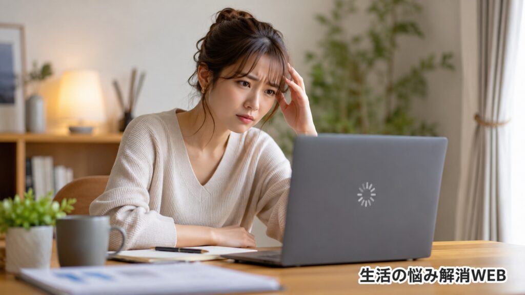 パソコンが重く固まってしまい、困った表情で画面を見つめる女性