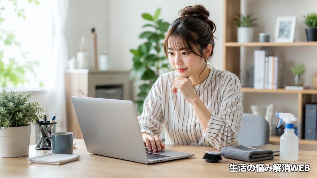 ノートパソコンの動作を軽くするために、作業環境を整えながら確認する女性
