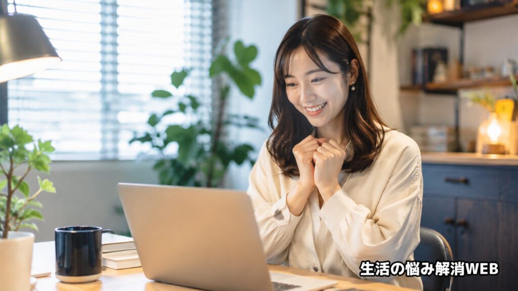 パソコンの不調が解消し、安心した表情で作業する女性