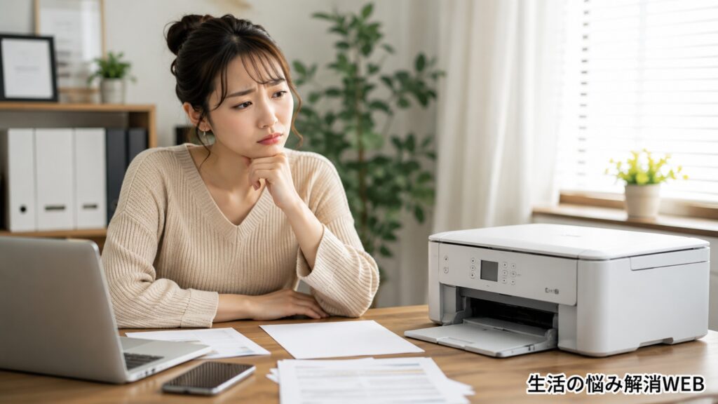 プリンターで印刷できず、机の前で困った表情を見せながら本体を見つめる女性
