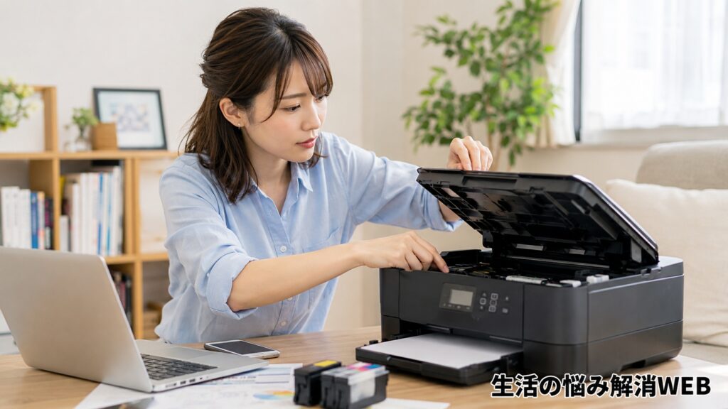 プリンターのふたを開けて内部やインクまわりを確認しながら対処している女性