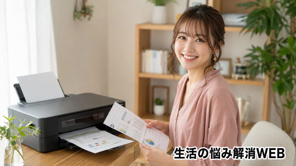印刷できた書類を手に持ち、プリンターの前で安心した笑顔を見せる女性