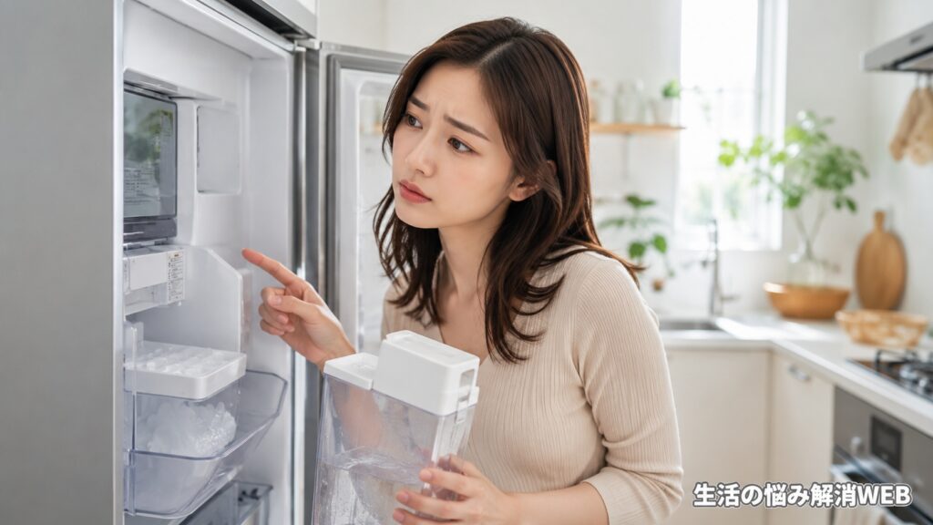 冷蔵庫の製氷機が動かない原因を確認するため、給水タンクを持ちながら庫内を覗く女性