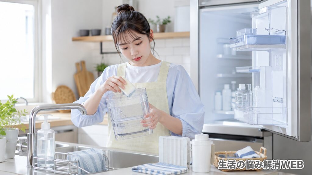 冷蔵庫の製氷機対策として、給水タンクやフィルターをキッチンで洗浄する女性