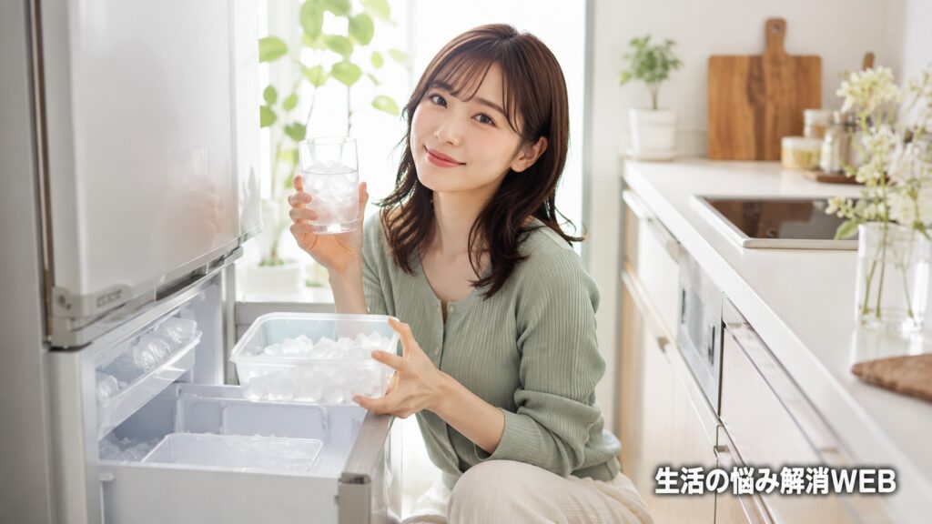 冷蔵庫の製氷機を確認したあと、できた氷を手にして安心した表情を見せる女性