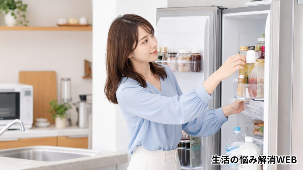冷蔵庫の扉を開けて庫内の収納やボトルの配置を確認している女性