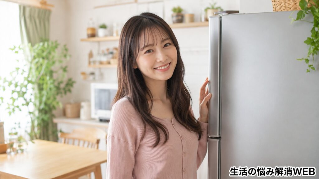 冷蔵庫の前で安心した笑顔を見せる女性が、キッチンで落ち着いた様子で立っている