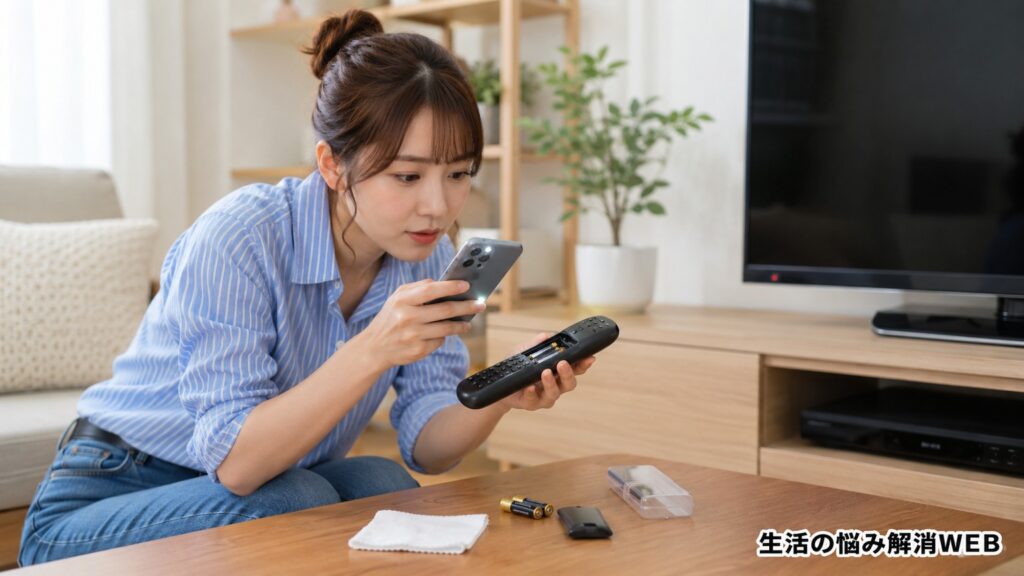 電池カバーを開けたリモコンを手に持ち、スマホで赤外線や状態を確認している女性