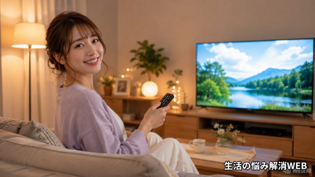 リモコンが使えるようになり、テレビを見ながら安心した表情を見せる女性