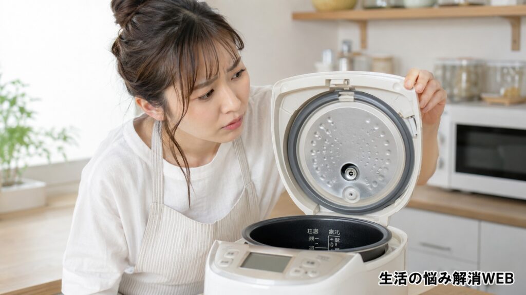 炊飯器のふたを開け、内ぶたやパッキン部分を確認する若い女性。ふたが閉まらない原因を点検している様子。