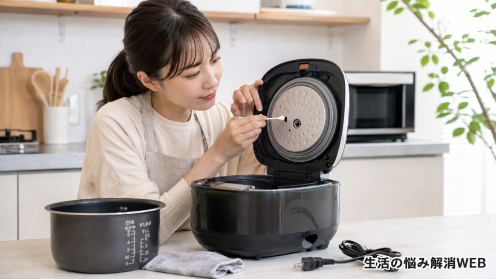 内釜を外した炊飯器の内ぶたやロック部分を綿棒で確認する若い女性。ふたが閉まらないときの対策を行っている様子。