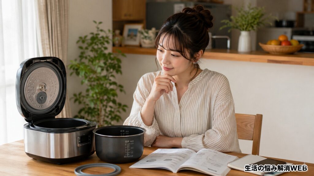 炊飯器と内釜、取扱説明書を見ながら確認する若い女性。内釜やパッキンを確認して修理や買い替えを判断している様子。