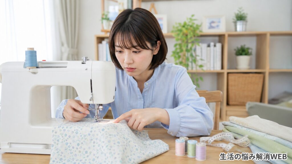 若い女性がミシンの針まわりと布送りの様子を見つめながら、花柄の生地が進まない原因を確認している様子