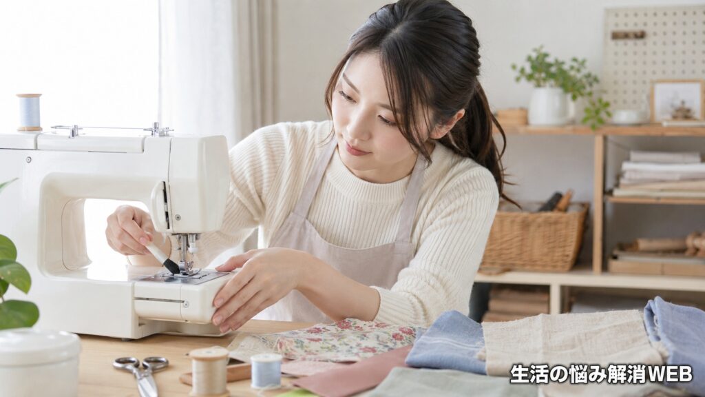 若い女性がミシンの押さえや針板まわりを手入れしながら、布送りを改善するために確認している様子