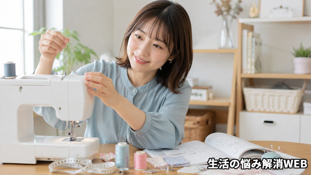 明るい室内で若い女性がミシンに上糸を通しながら、説明書や裁縫道具を広げて確認している様子